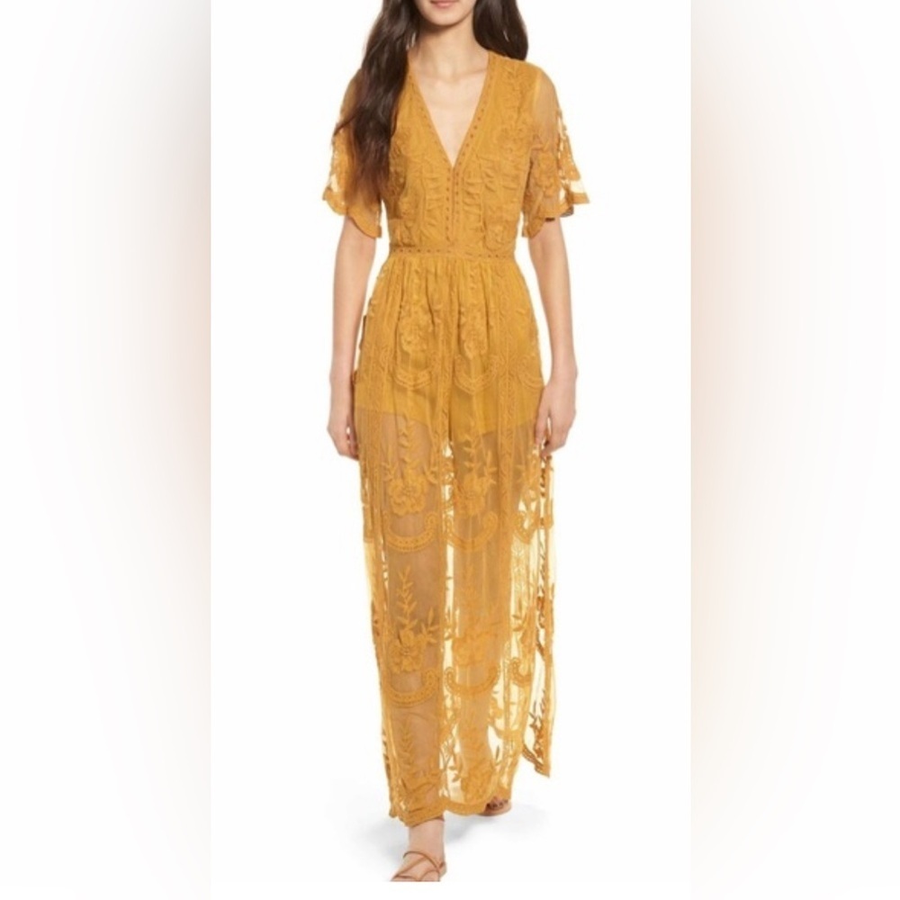 Socialite Nordstrom Maxi Lace Overlay Romper in Marigold size S - Picture 3 of 4